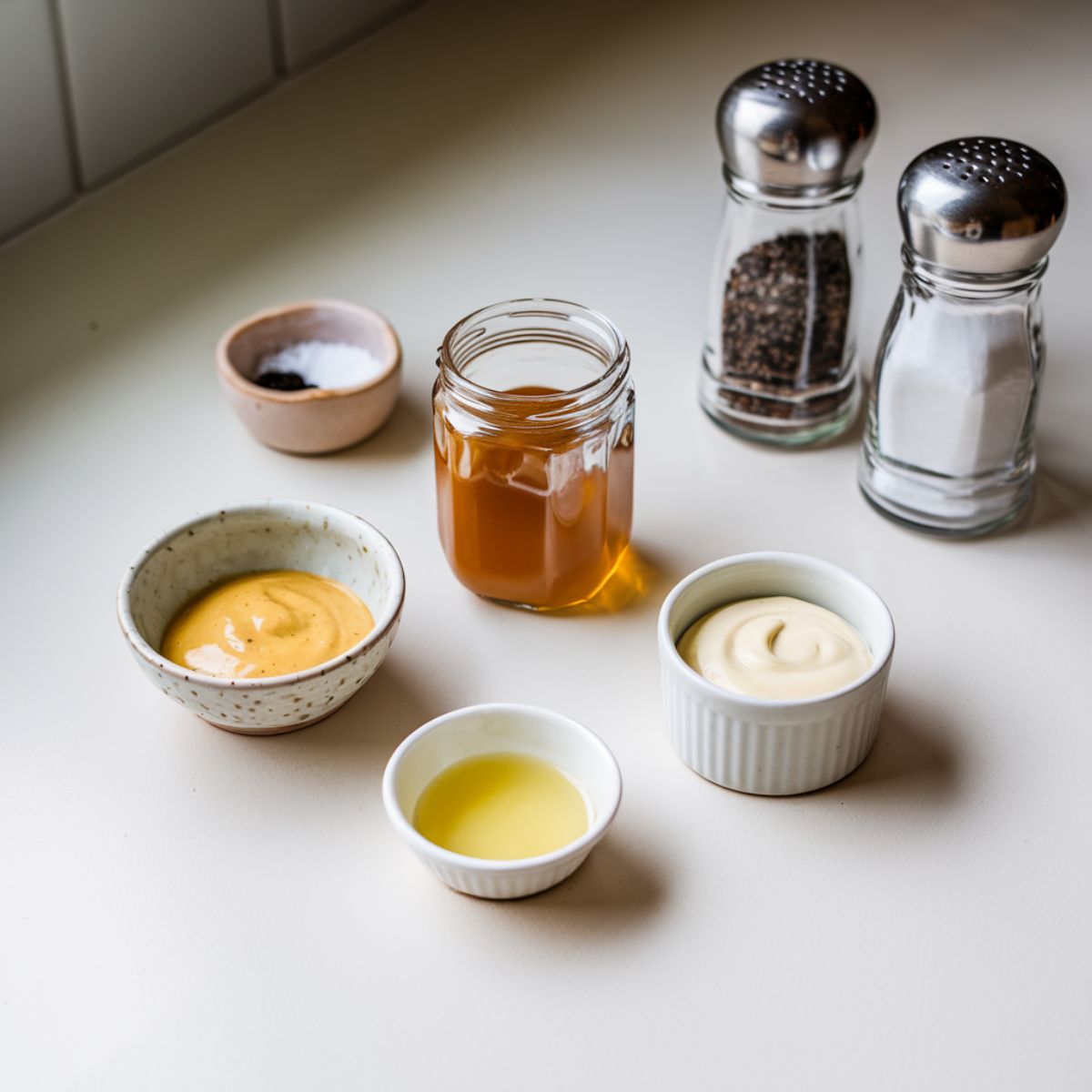 Alice Springs Chicken Recipe Ingredients arranged on a clean contertop.