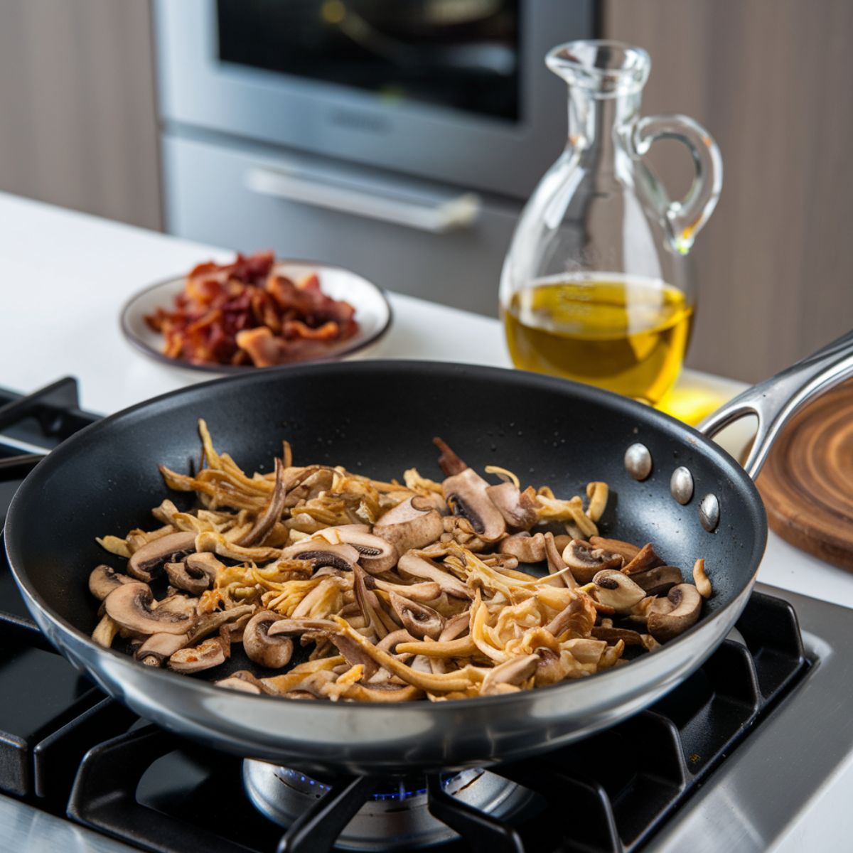 Sautéed golden brown mushrooms in a skillet with crispy bacon crumbles set aside on a plate and a preheated oven visible in the background.