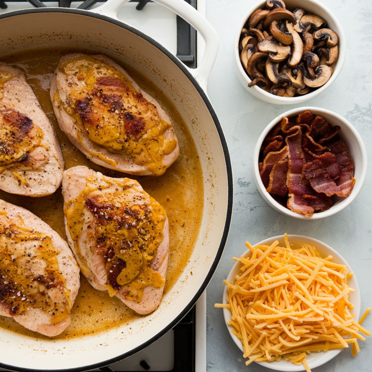 Seared chicken breasts in a skillet topped with sautéed mushrooms, crumbled bacon, and melted Colby Jack cheese. 