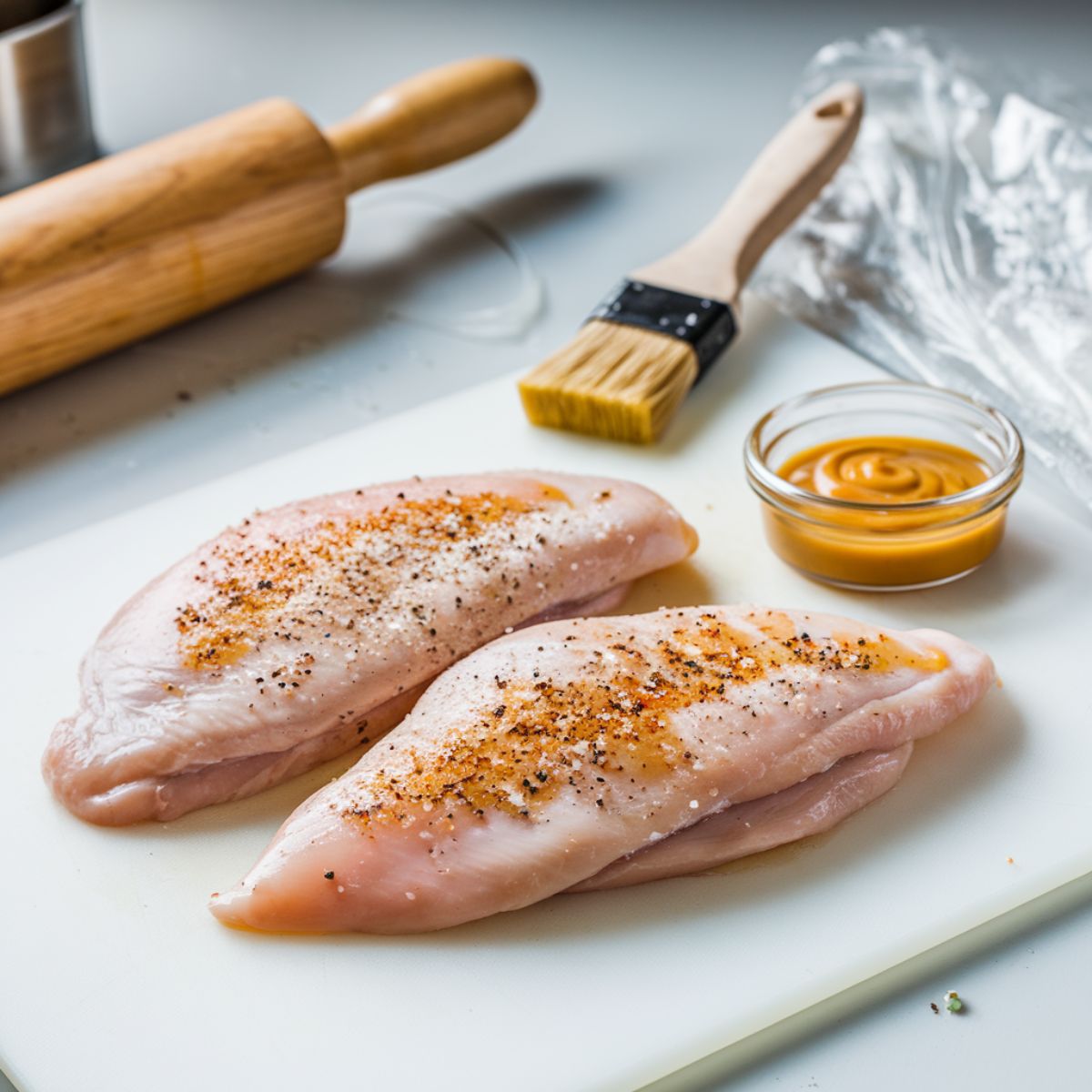 Chicken breasts between plastic wrap being pounded evenly, with honey mustard sauce nearby.