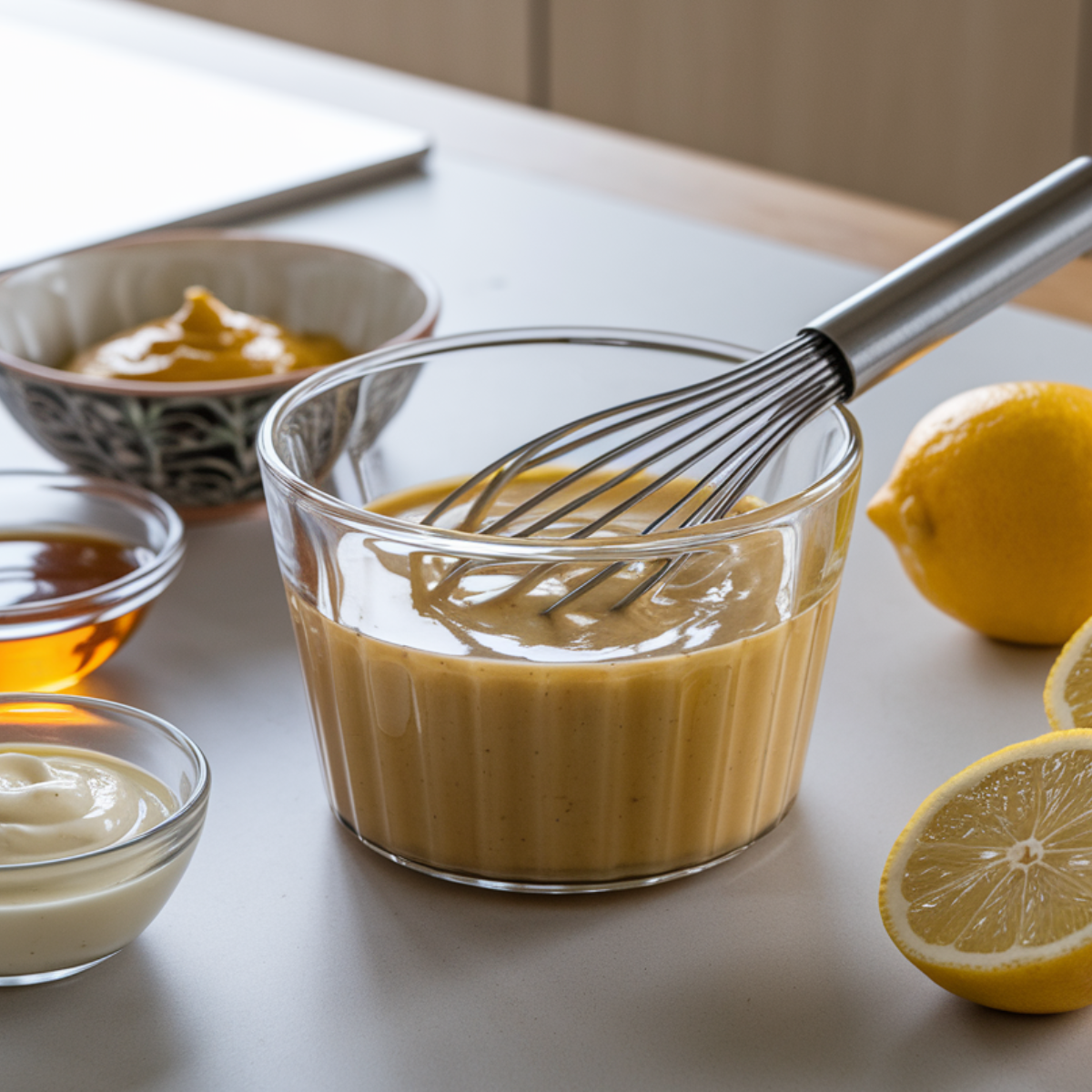 A bowl of honey mustard sauce whisked to a creamy consistency, surrounded by ingredients including honey, Dijon mustard, and lemon.