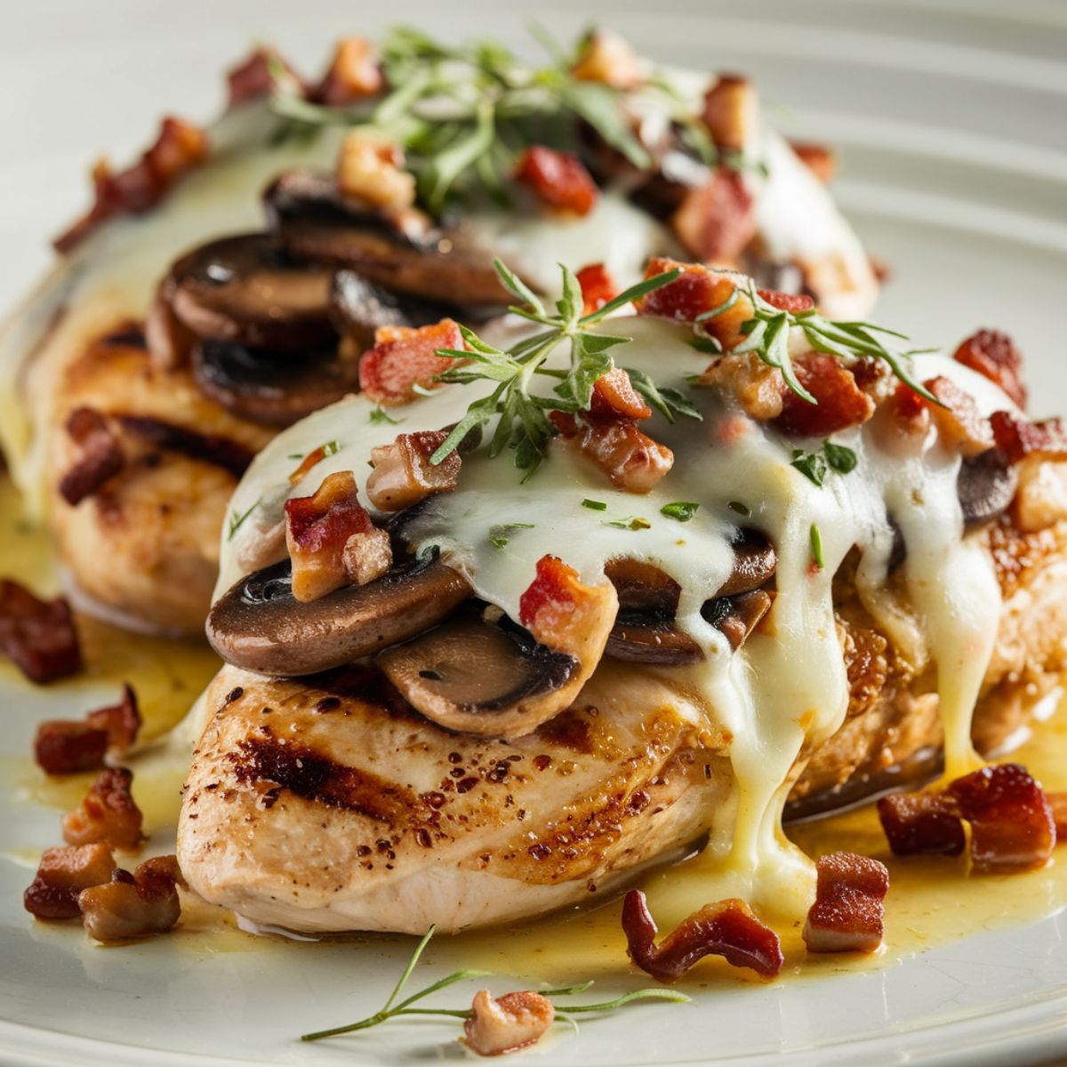 a plate of chicken with bacon and mushrooms