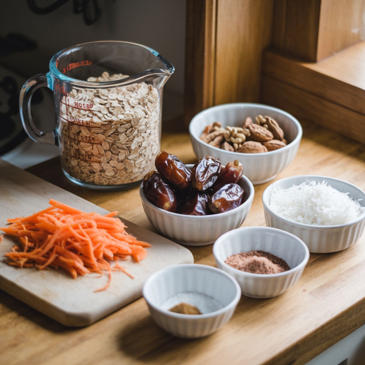 Carrot Cake Energy Balls Recipe Ingredients perfectly arranged on a wooden kitchen contertop.