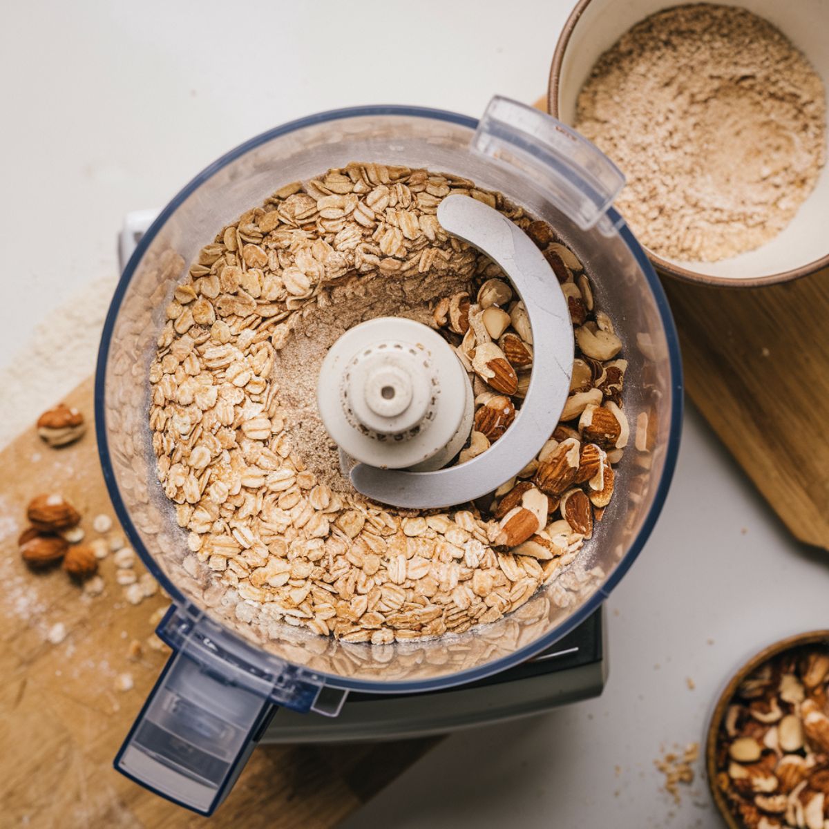 Food processor grinding oats and nuts into a coarse texture, with the mixture transferred to a bowl.
