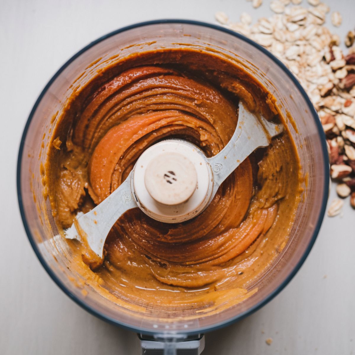 Pitted dates, grated carrots, spices, and oats being processed into a sticky dough.