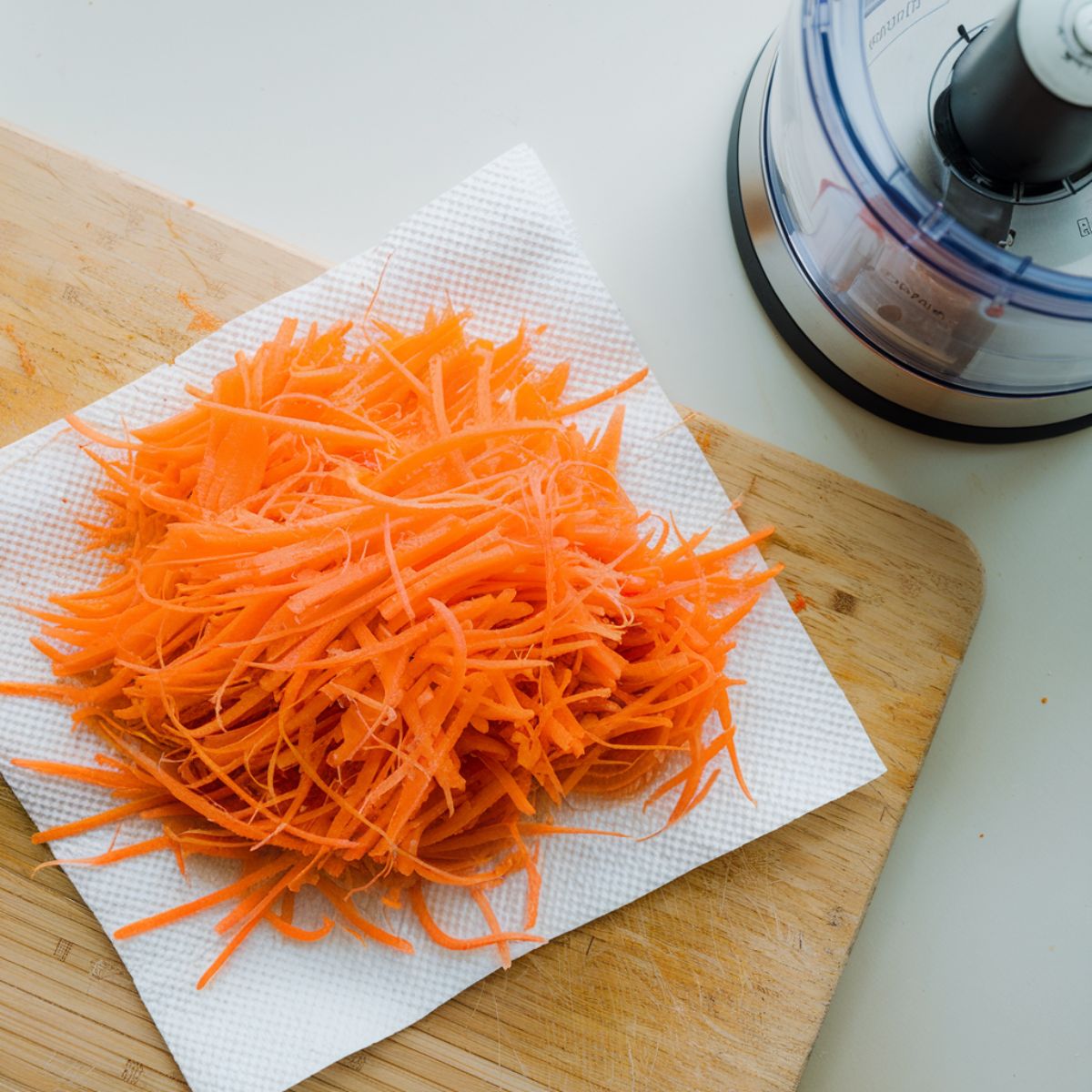 Freshly grated carrots being pressed between paper towels to remove moisture on a clean counter.