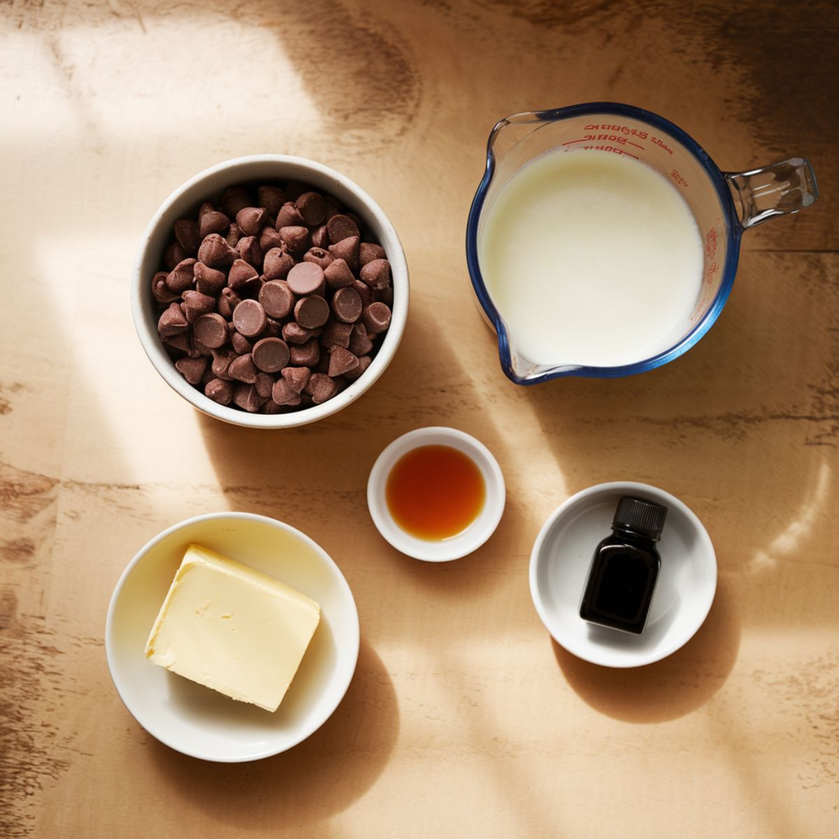 Chocolate Pound Cake Recipe Ingredients on a wooden table