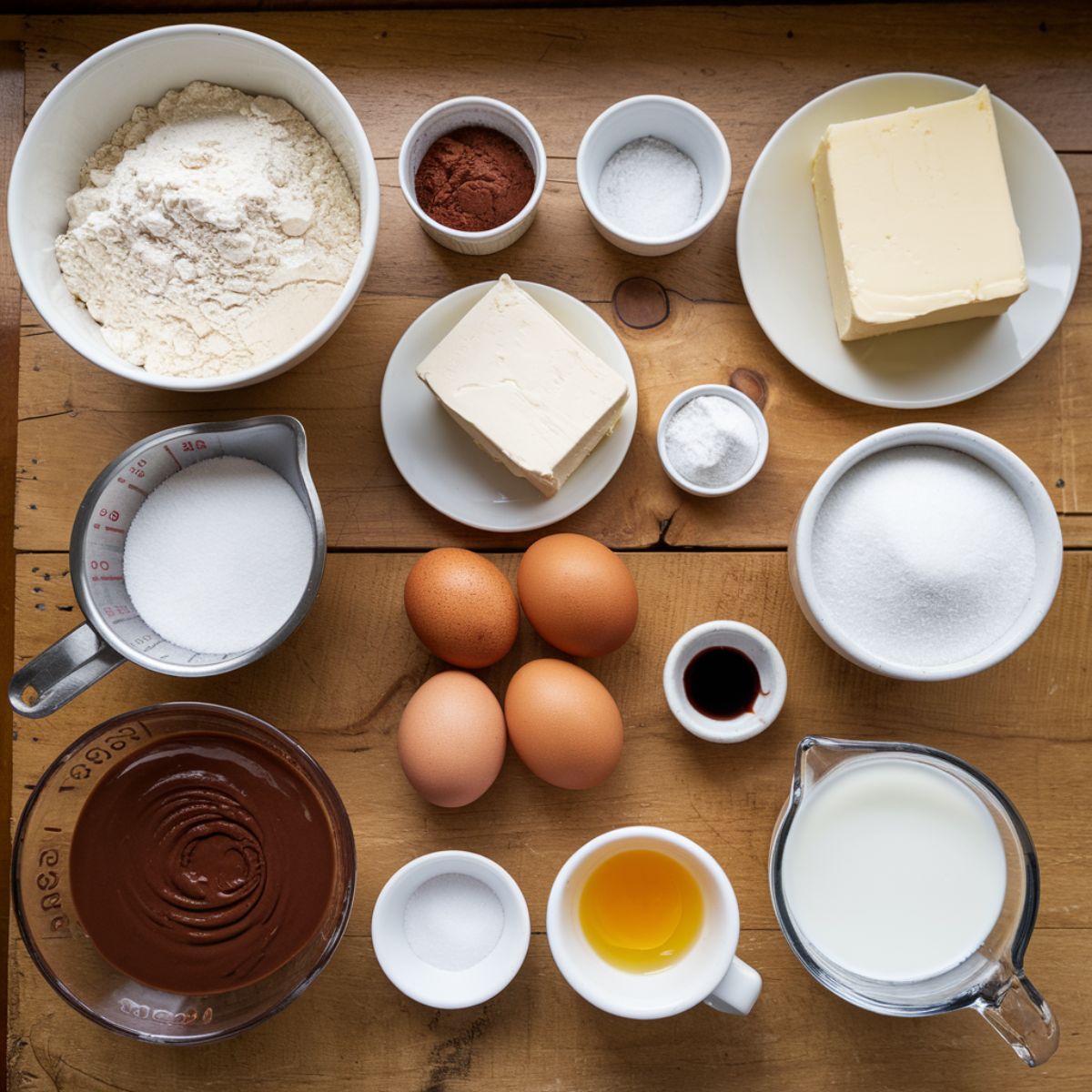 Chocolate Pound Cake Recipe Ingredients on a wooden table