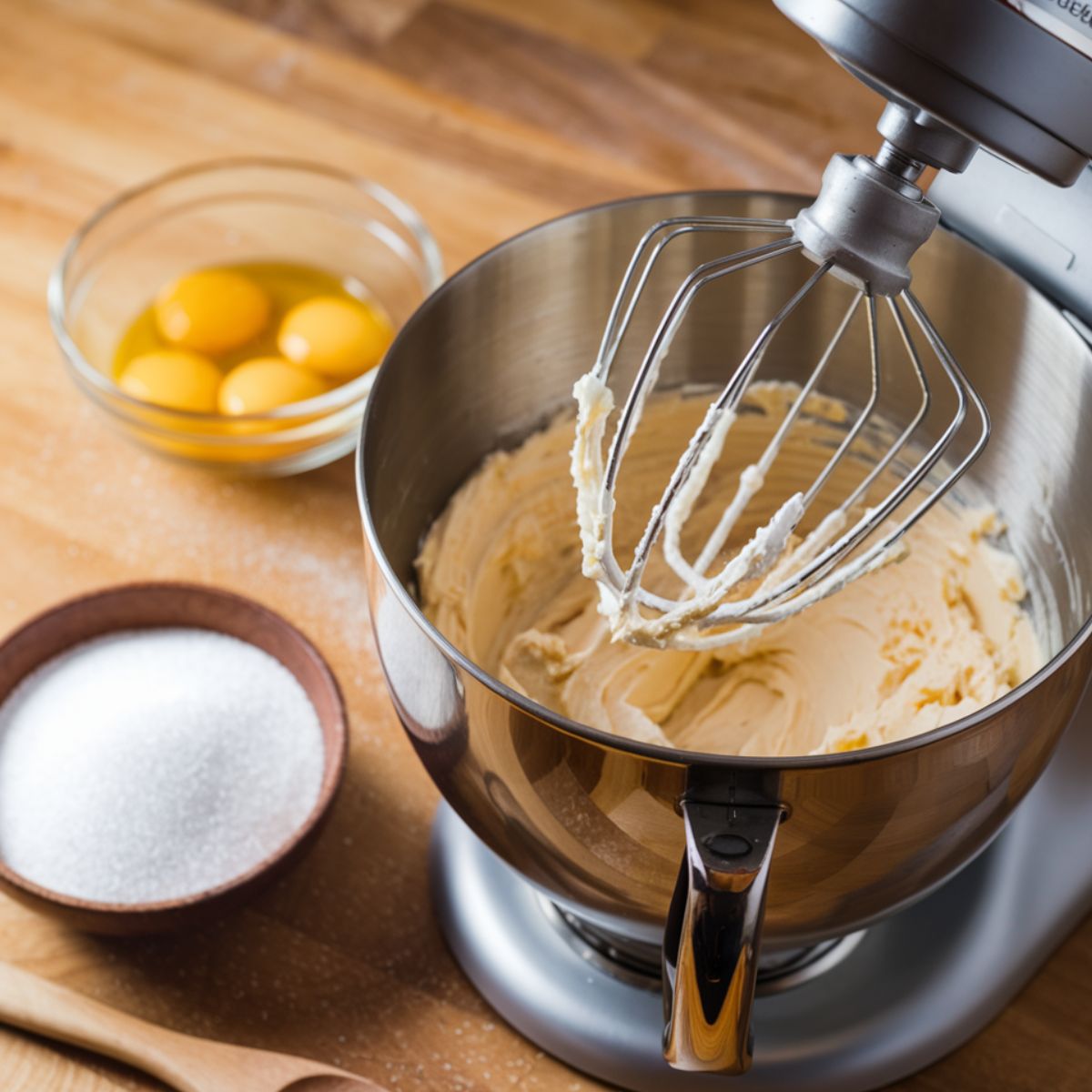 Stand mixer creaming butter and cream cheese on a marble countertop with sugar and eggs prepared nearby.