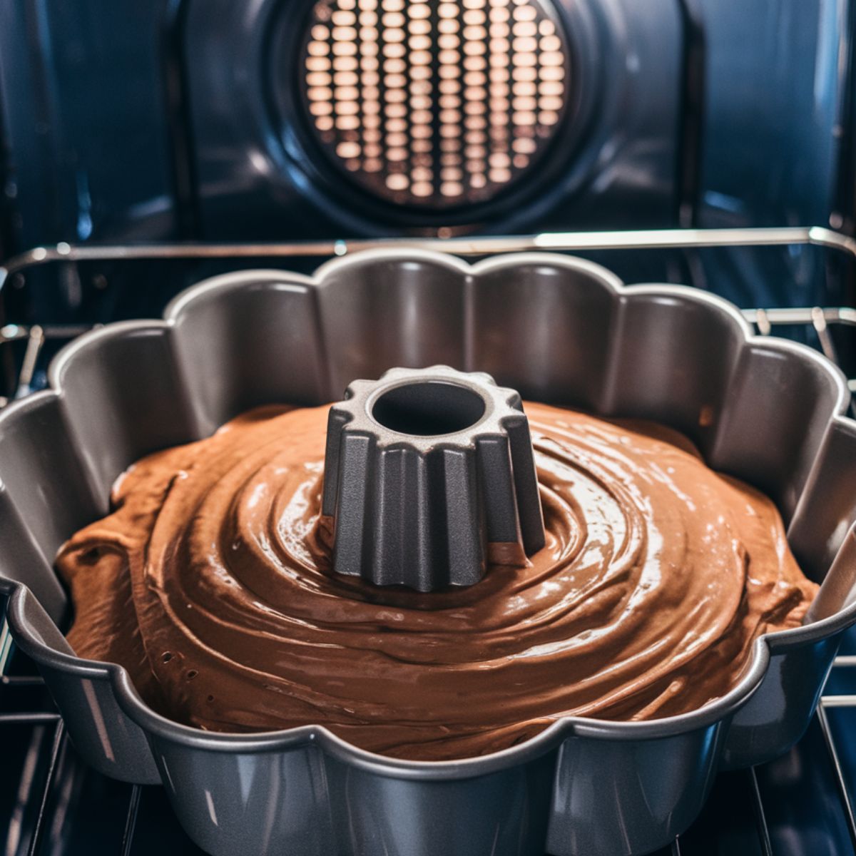 Bundt pan baking in an oven with a timer on the counter.