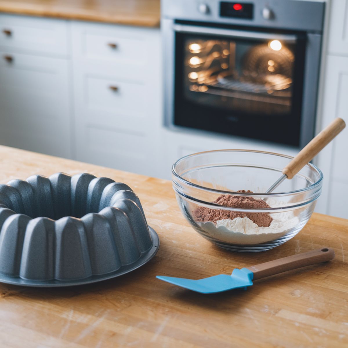 Bundt pan with dry ingredients nearby and a preheated oven in the background.