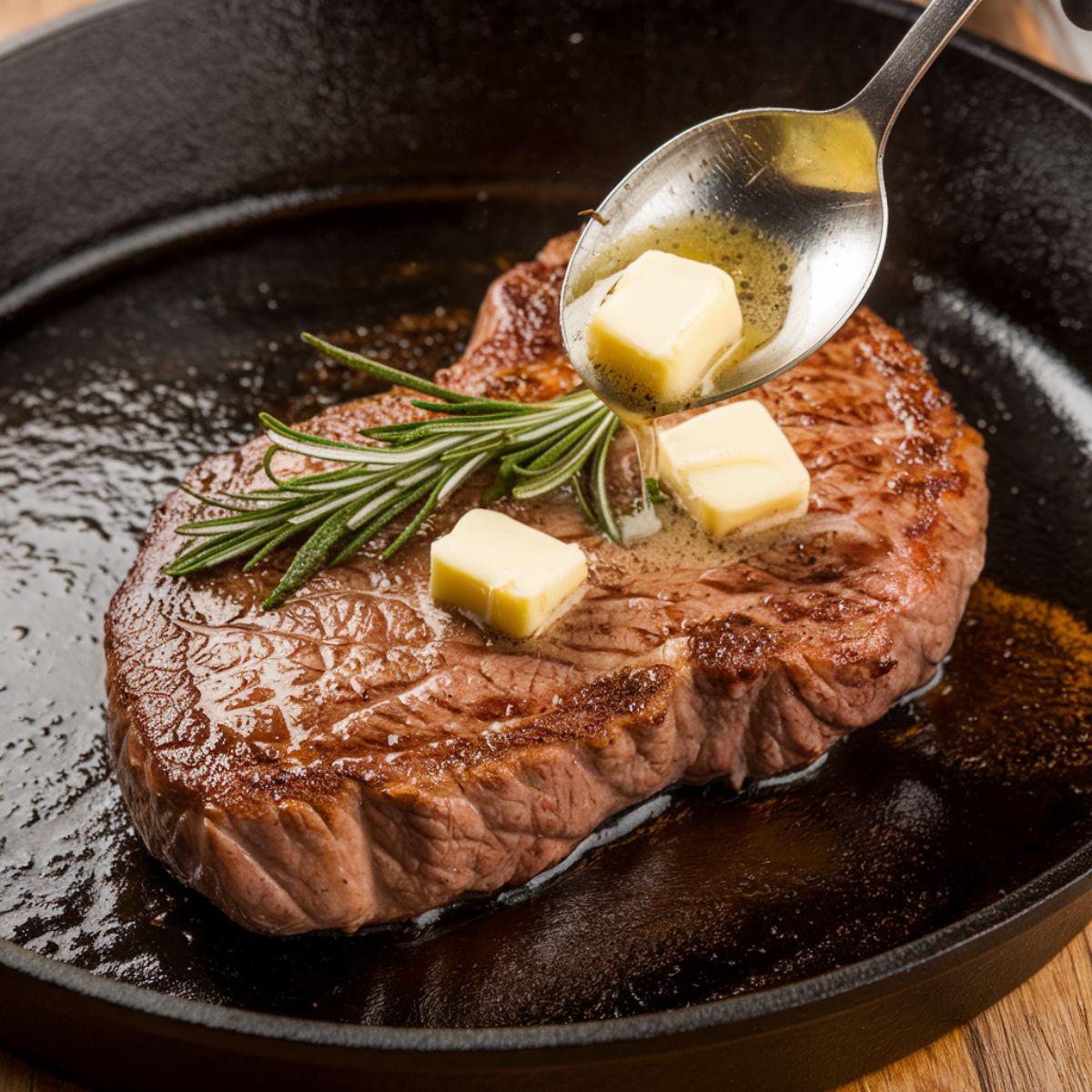 Steaks cooking in a cast-iron skillet with butter, garlic, and rosemary, being basted with a spoon for added flavor.