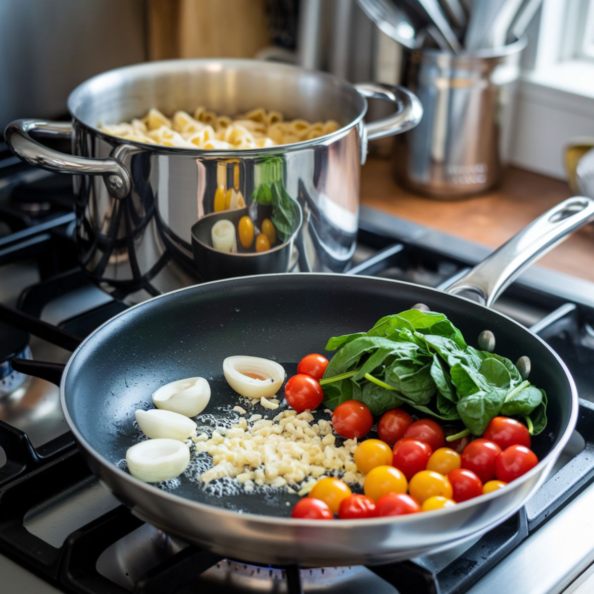 Cooked pasta being tossed in a pan with sautéed garlic, shallots, cherry tomatoes, spinach, and Parmesan cheese.