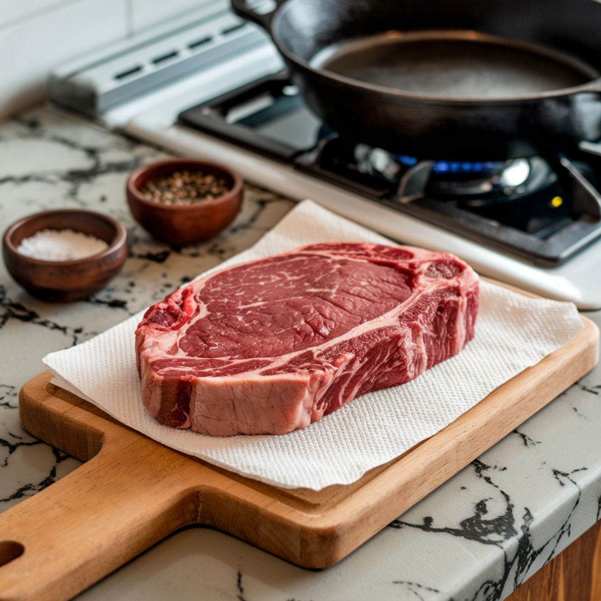 Raw steaks being patted dry and seasoned with salt and pepper, with a hot cast-iron skillet on the stovetop.