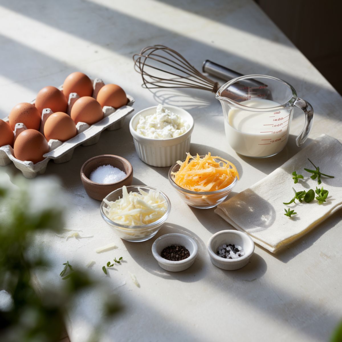 Egg Bites Recipe Ingredients arranged on a contertop.