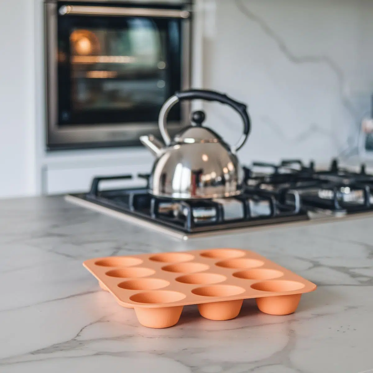 Silicone egg bite mold on a marble countertop, with a steaming kettle and an oven in the background.