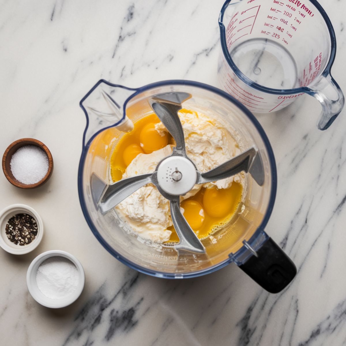 Blender on a marble counter blending eggs, cottage cheese, and heavy cream into a frothy mixture, with salt and pepper bowls nearby.