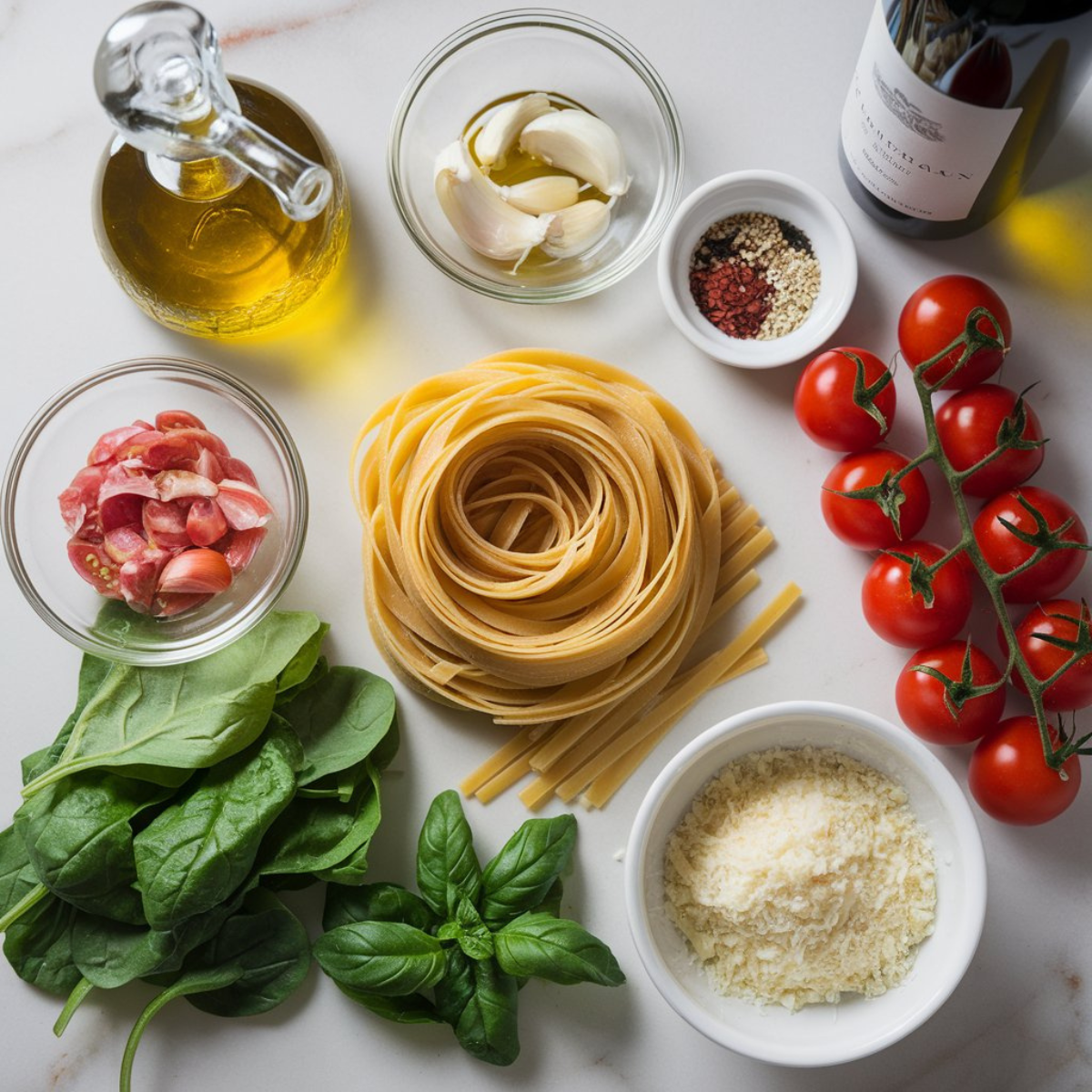 Steak and Pasta recipe Ingredients oon a clean kitchen contertop