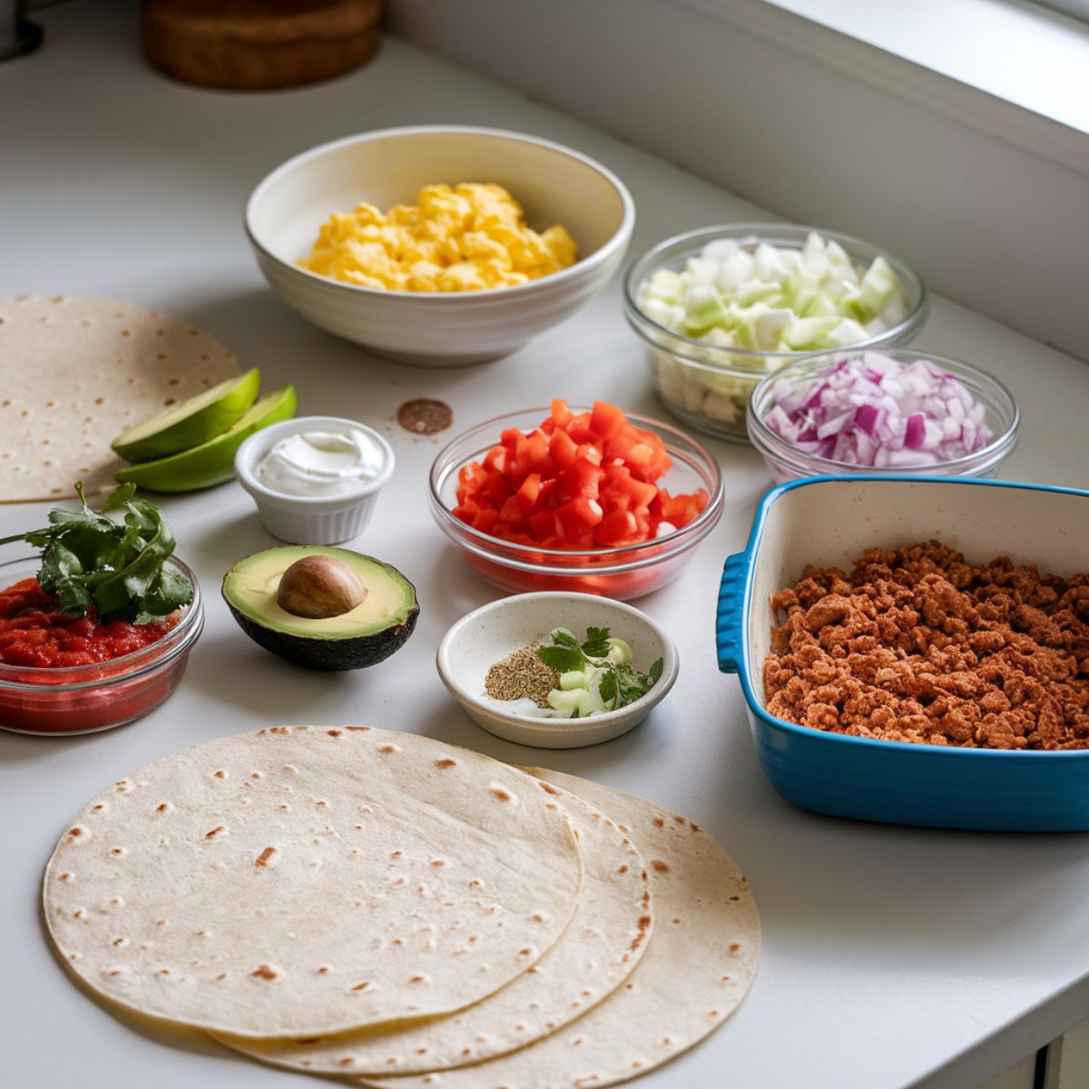 A vibrant kitchen counter filled with fresh ingredients for making breakfast burritos recipe.