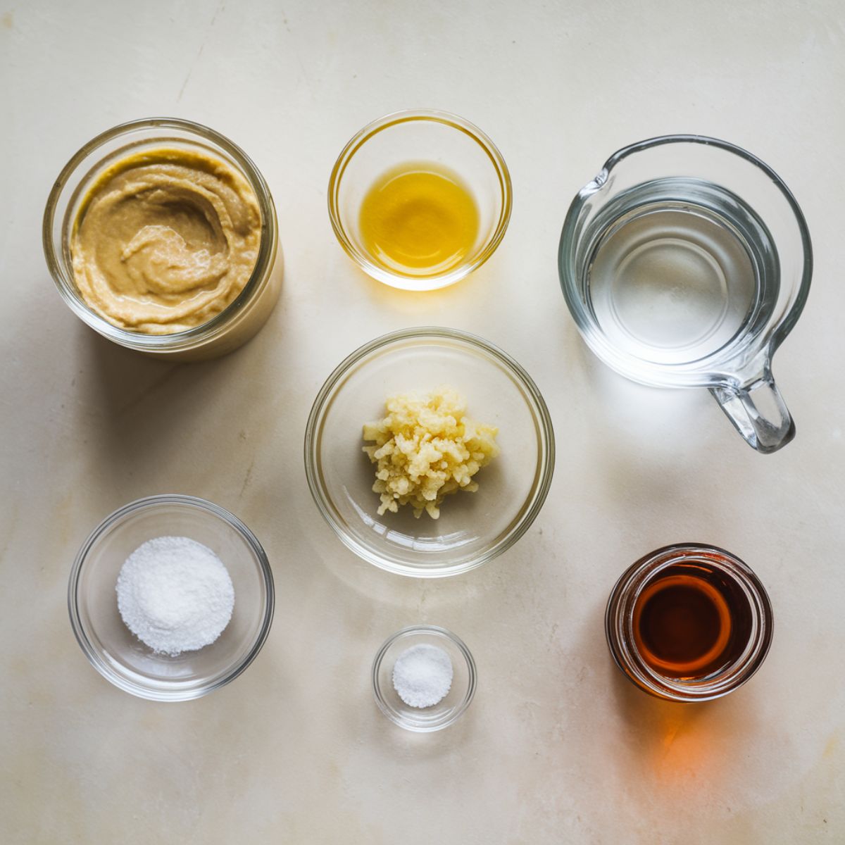 A group of bowls filled with te Tahini Dressing Ingredients for Buddha Bowl Recipe on a clean kitcheen contertop.