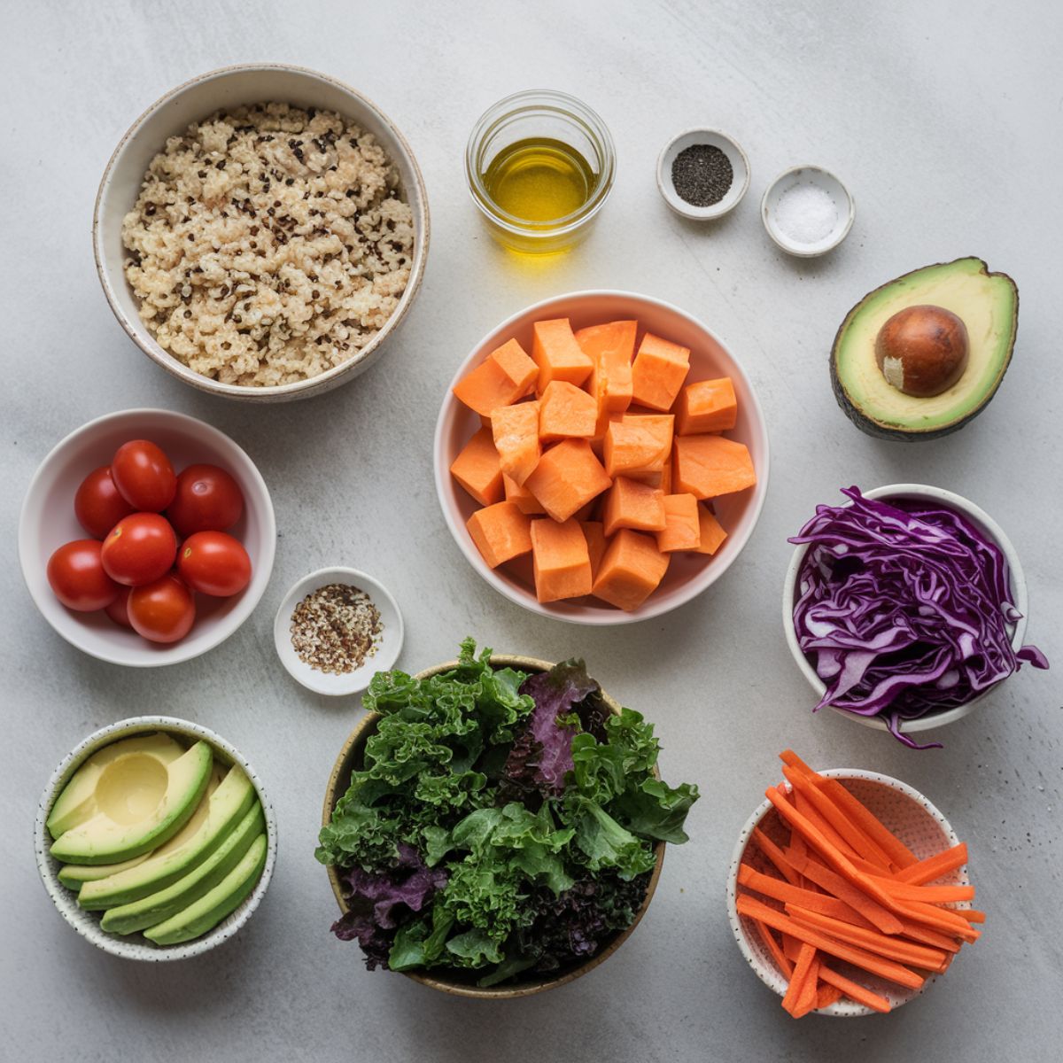 A group of bowls filled with Buddha Bowl 's Ingredients on a clean kitcheen contertop.