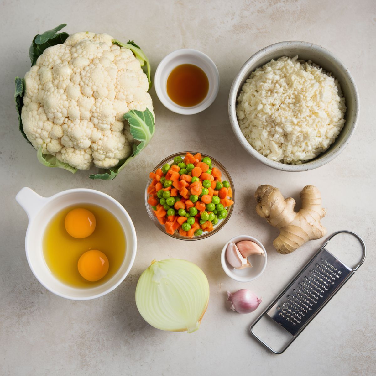 Ingredients for cauliflower fried rice: cauliflower, sesame oil, eggs, peas and carrots, onion, garlic, and ginger.