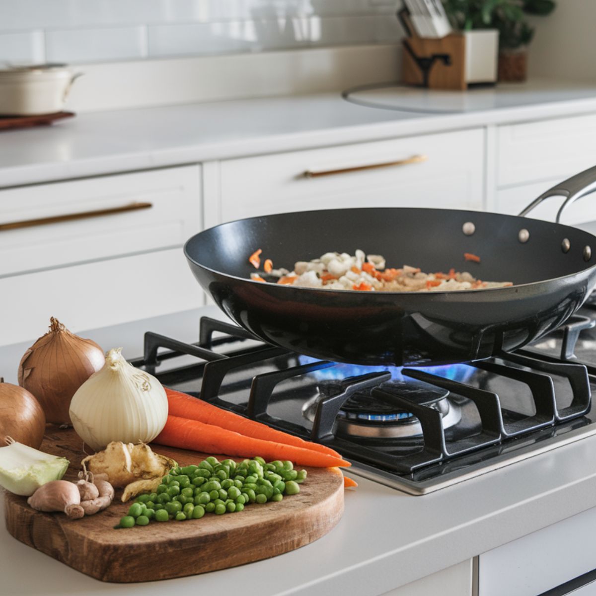 Wok filled with sautéed onions, peas, and carrots.