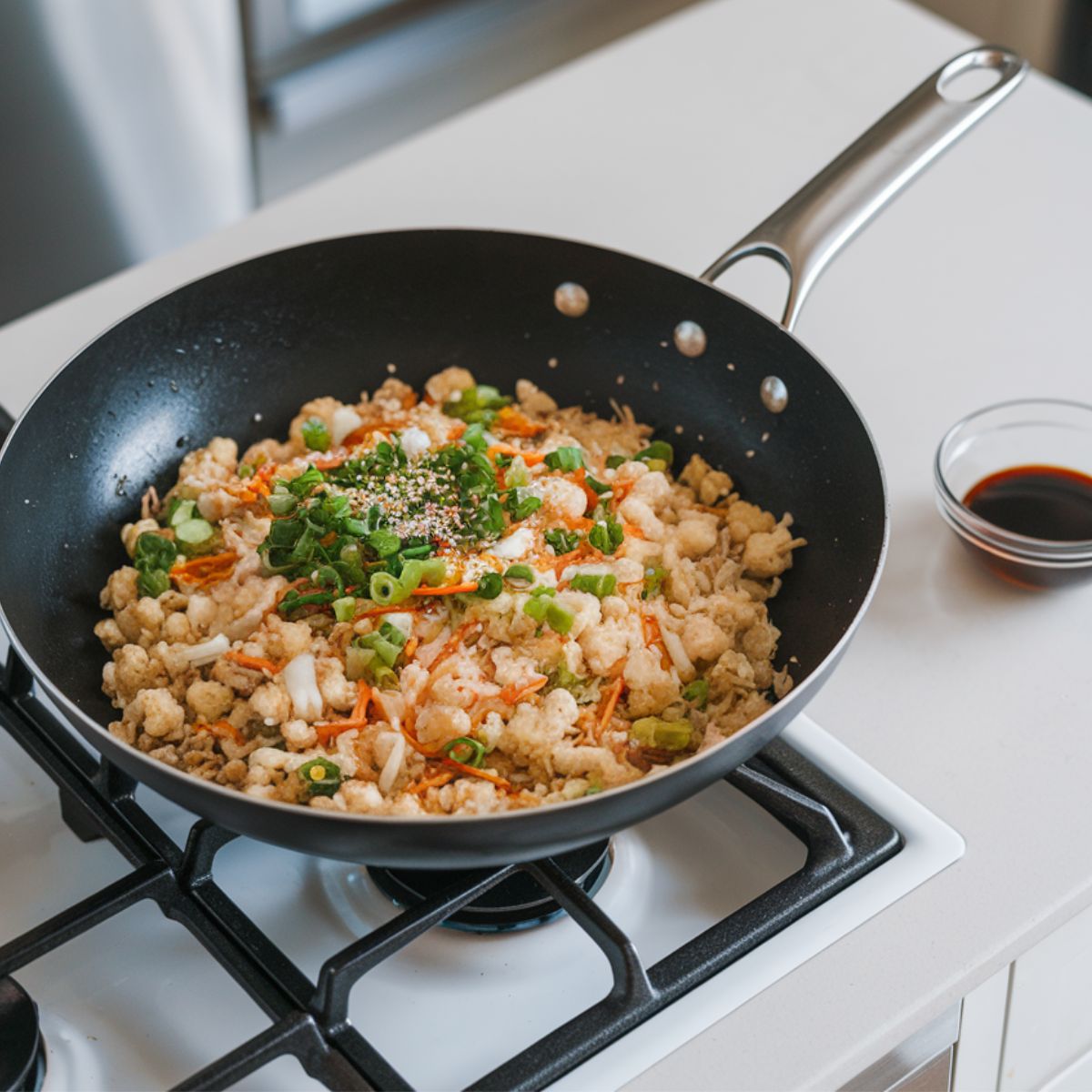 Cauliflower fried rice garnished with green onions in a wok.