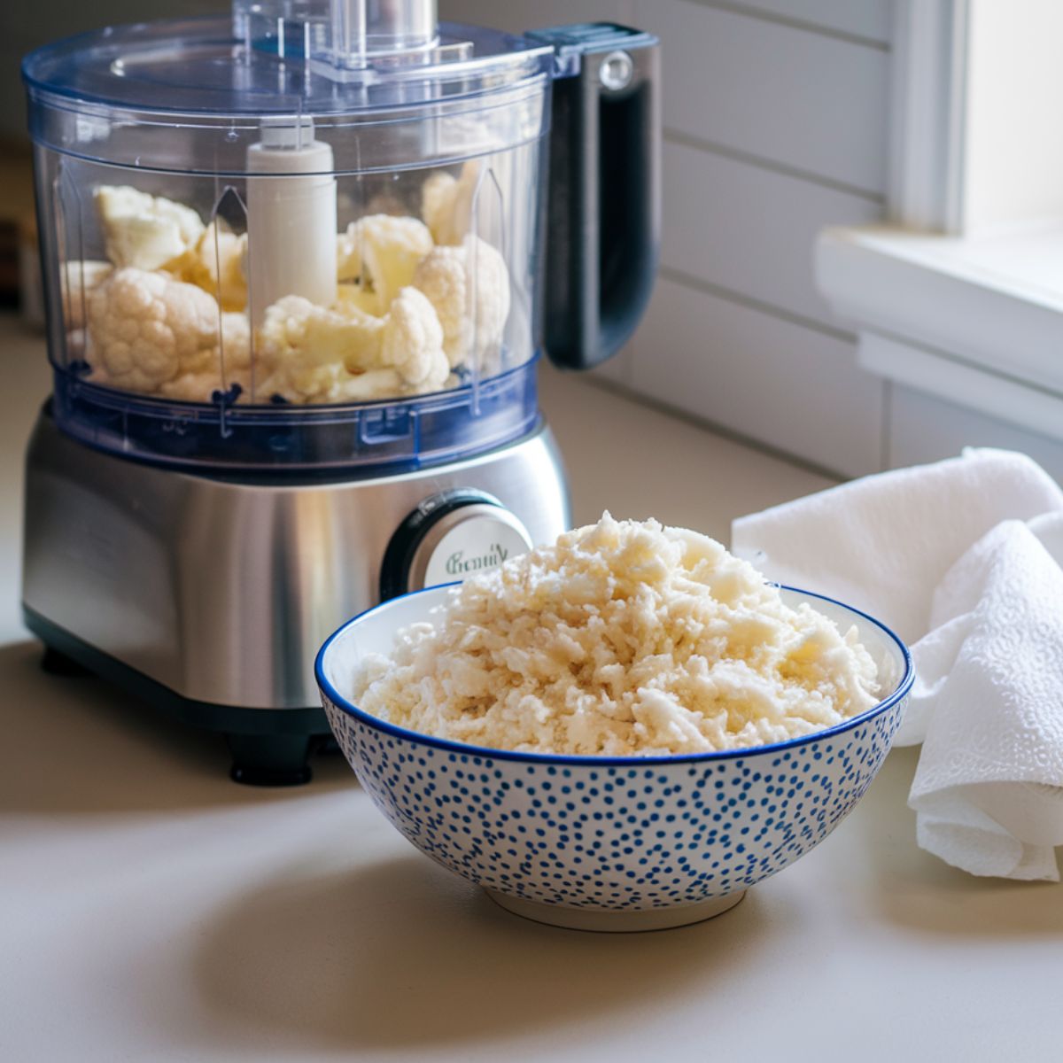 A bowl of freshly riced cauliflower on a marble counter, with a food processor and cauliflower florets nearby.