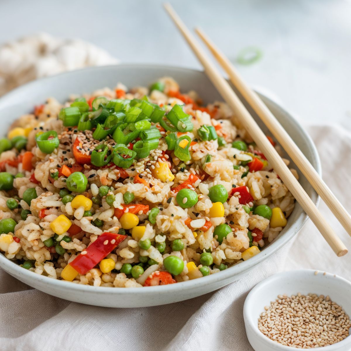 Close-up of cauliflower fried rice with colorful vegetables, sesame seeds, and scallions, served with chopsticks.