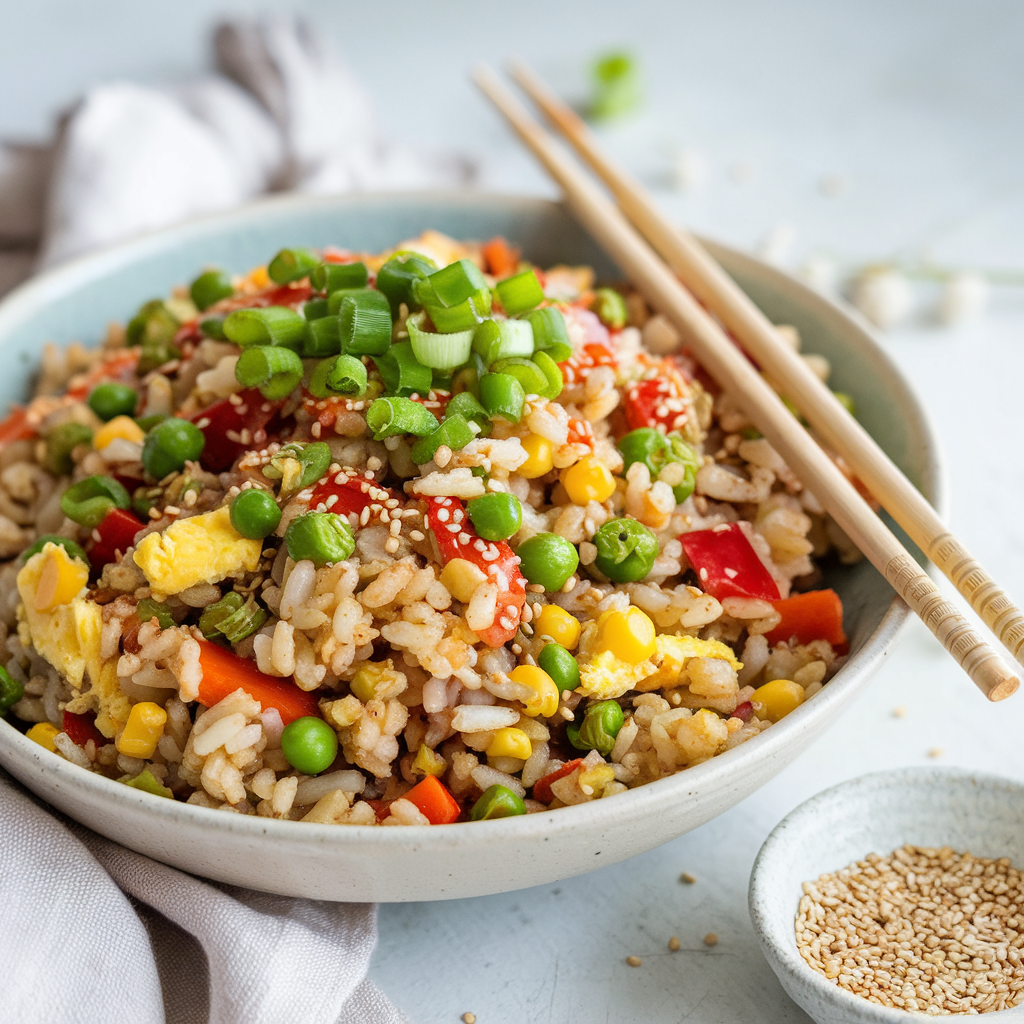 Close-up of cauliflower fried rice with colorful vegetables, sesame seeds, and scallions, served with chopsticks.