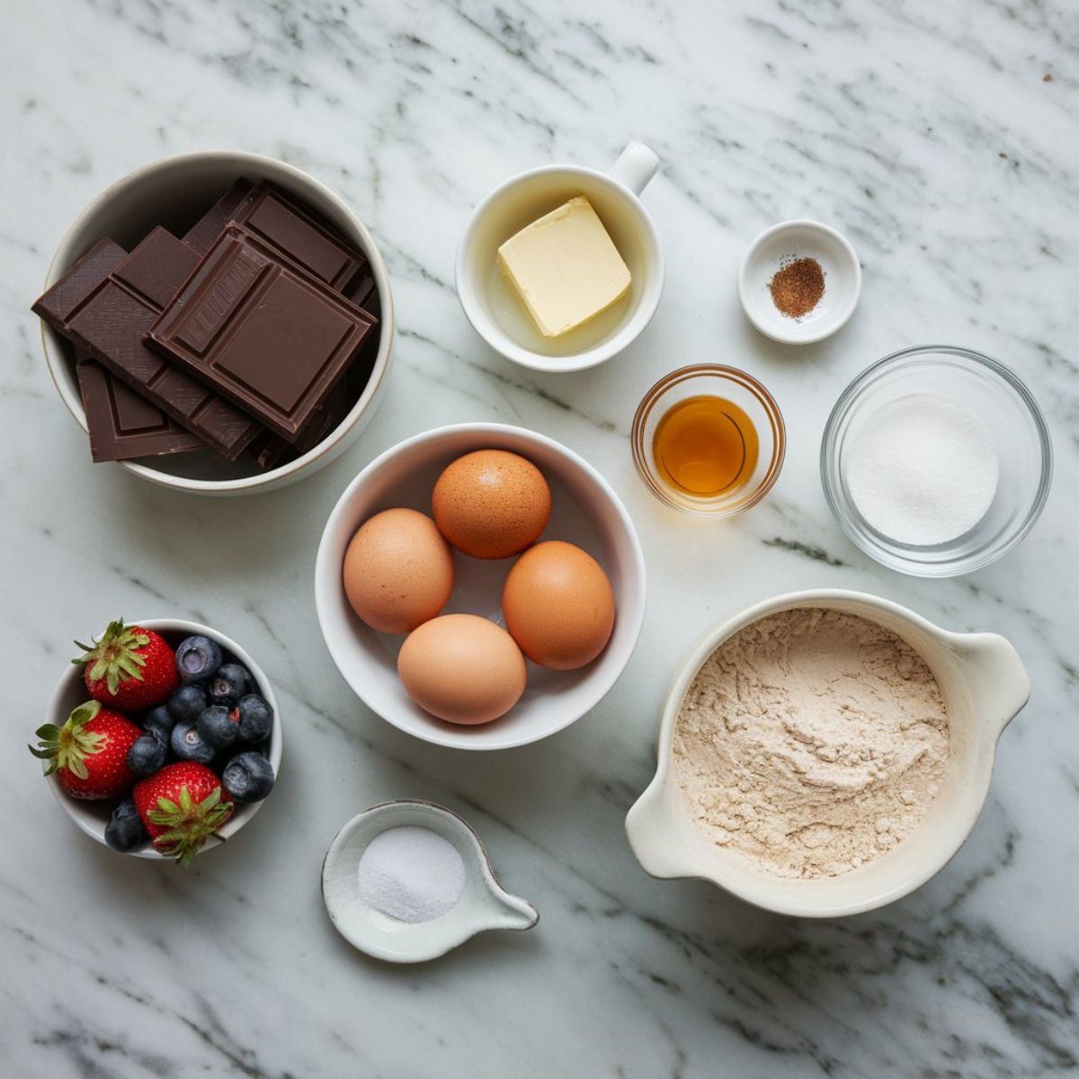 Chocolate Lava Cake Recipe Ingredients arranged on a marbel kitchen contertop.