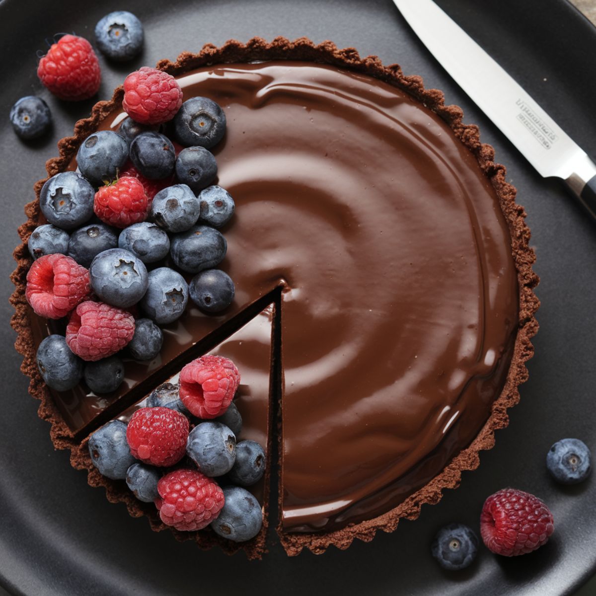 A chocolate tart topped with fresh raspberries and blueberries, with a slice cut out, placed on a black plate with a knife beside it.