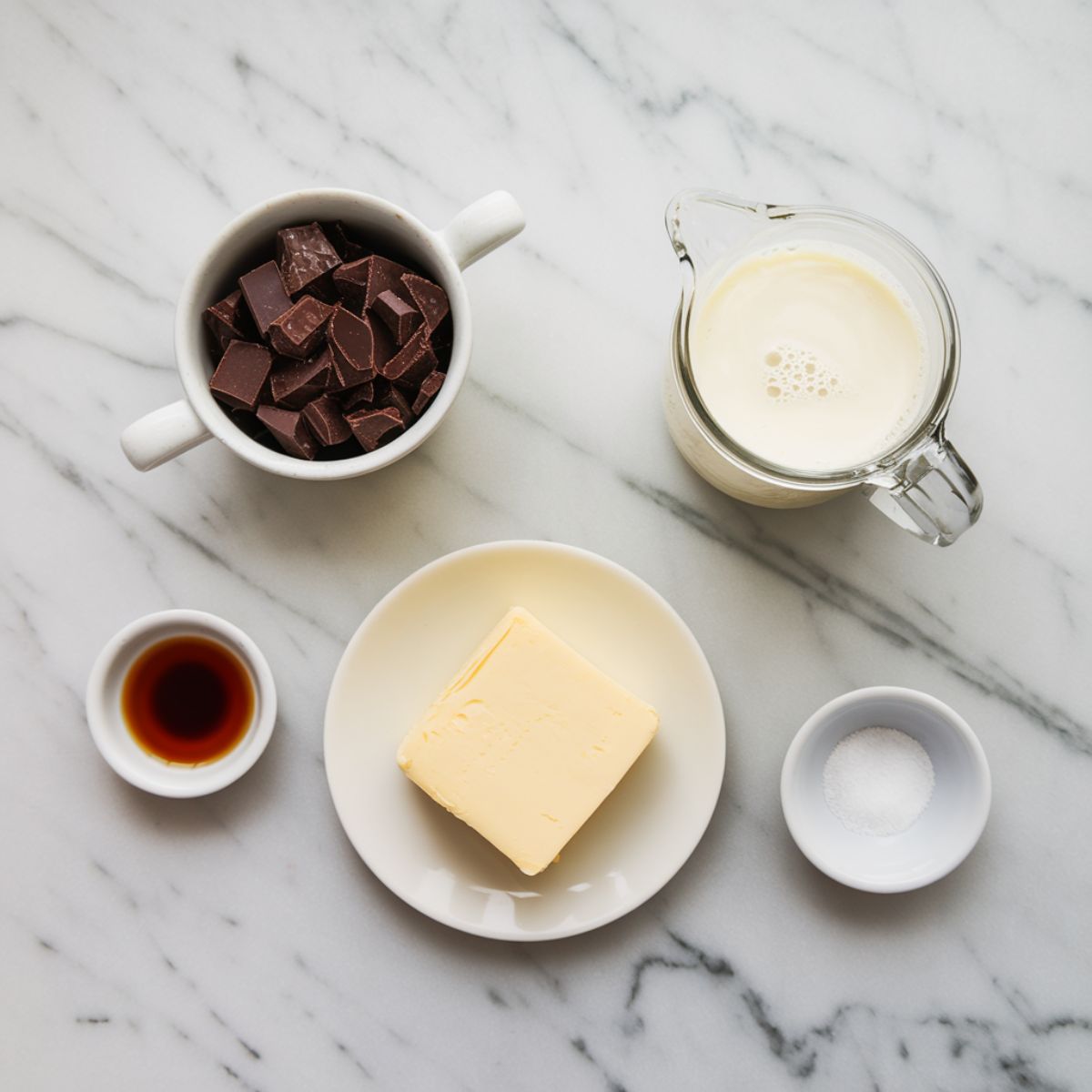 Ingredients for chocolate ganache Tart arranged on a countertop: dark chocolate, heavy cream, butter, vanilla, and salt.