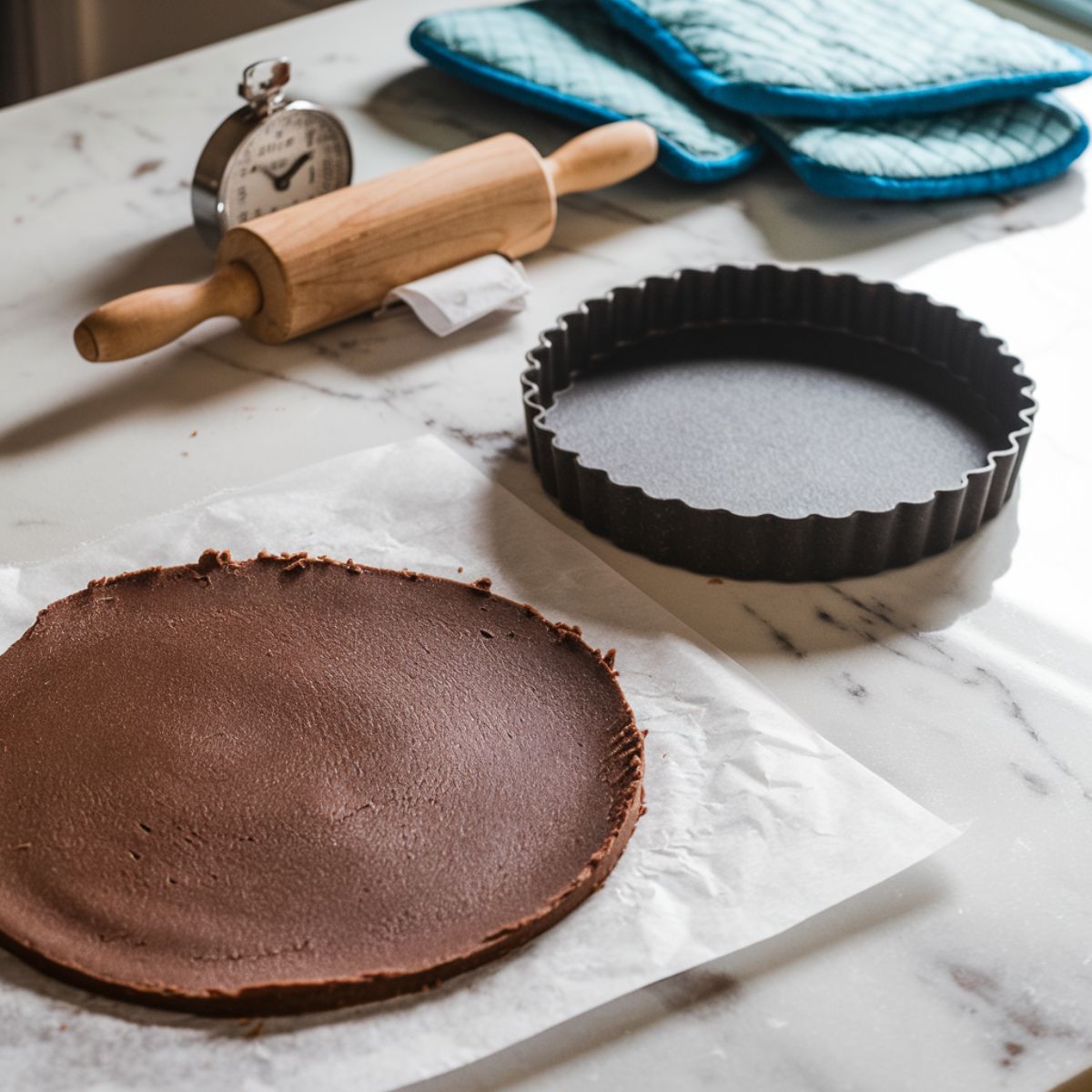 Chocolate tart dough being rolled between parchment paper, with a tart pan, pie weights, and a jar of dried beans on the counter.