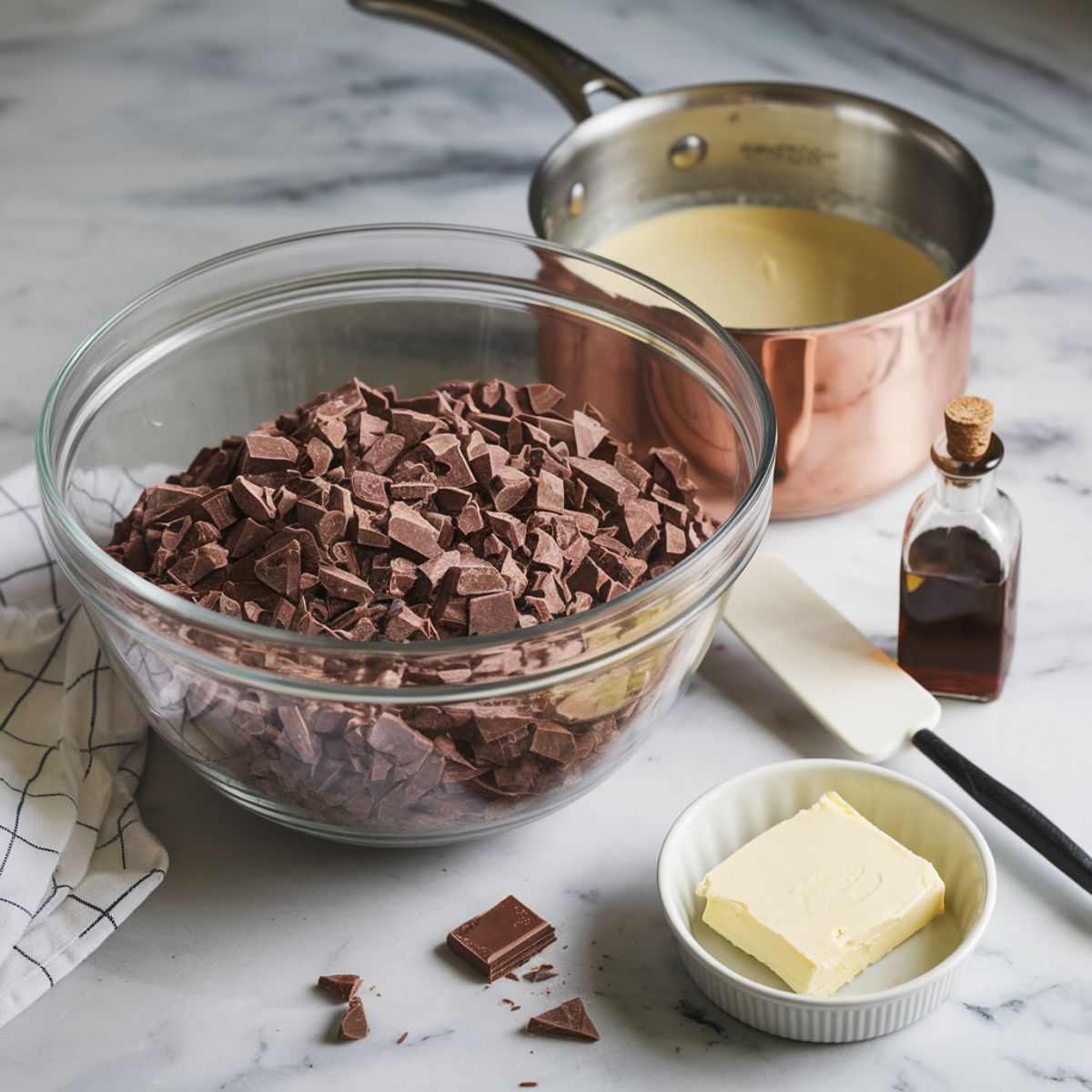 Chocolate tart dough being rolled between parchment paper, with a tart pan, pie weights, and a jar of dried beans on the counter.