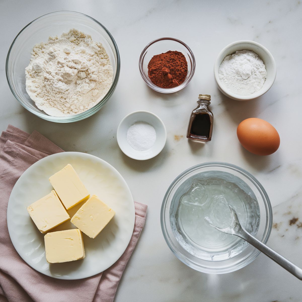 Ingredients for a chocolate tart crust arranged on a countertop, including flour, cocoa powder, sugar, butter, egg, vanilla, and ice water.