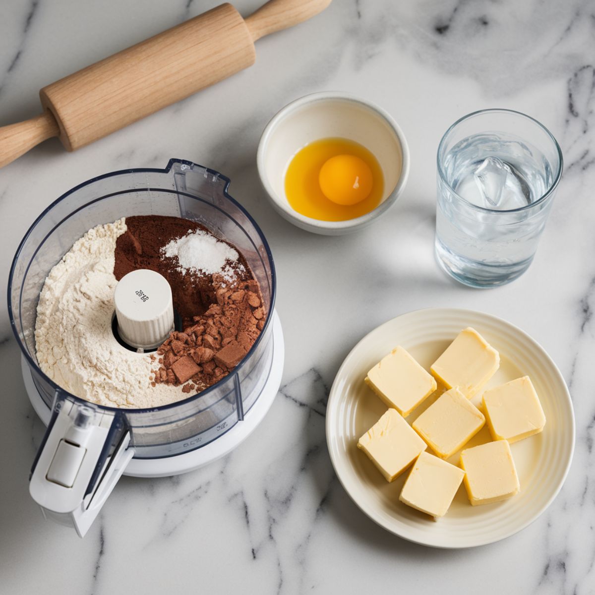 A food processor with flour, cocoa powder, and powdered sugar, next to butter cubes, a bowl of egg mixture, and a glass of ice water on a white kitchen counter.