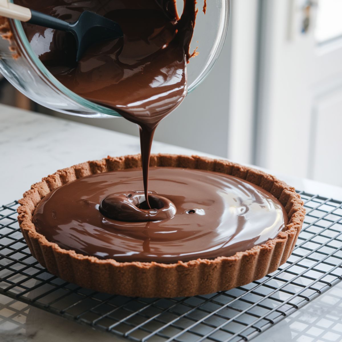 Baked tart shell on a cooling rack, being filled with glossy chocolate ganache, with a spatula and refrigerator visible in the background.