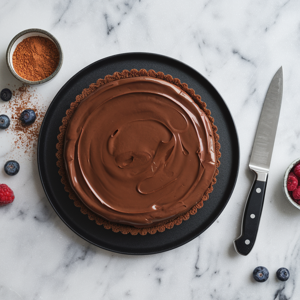 The completed tart is displayed on a serving platter, showcasing the shiny ganache. A knife is placed nearby for slicing, with bowls of fresh berries and Cocoa powder adding a vibrant touch to the rich chocolate dessert.