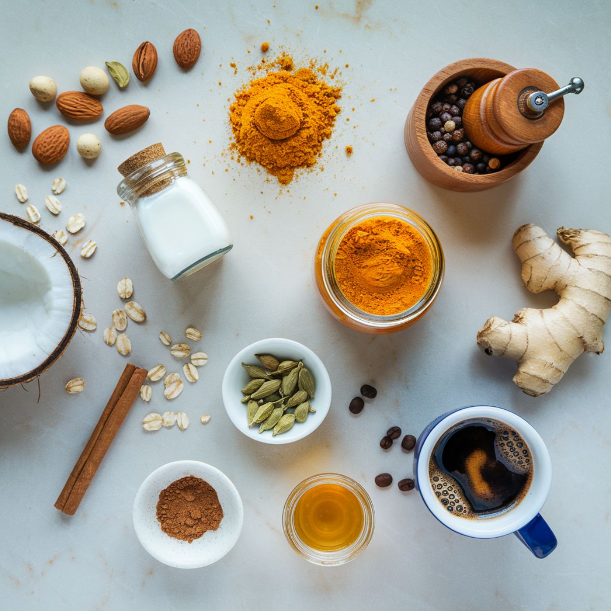 Golden Turmeric Latte Recipe ingredients on a clean kitchen contertop.