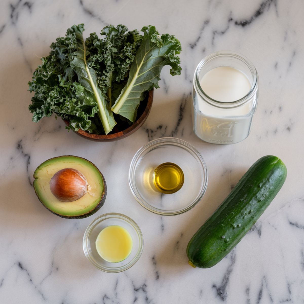 Green smoothie ingredients on a marble countertop: kale, avocado, coconut milk, MCT oil, cucumber, lime juice.