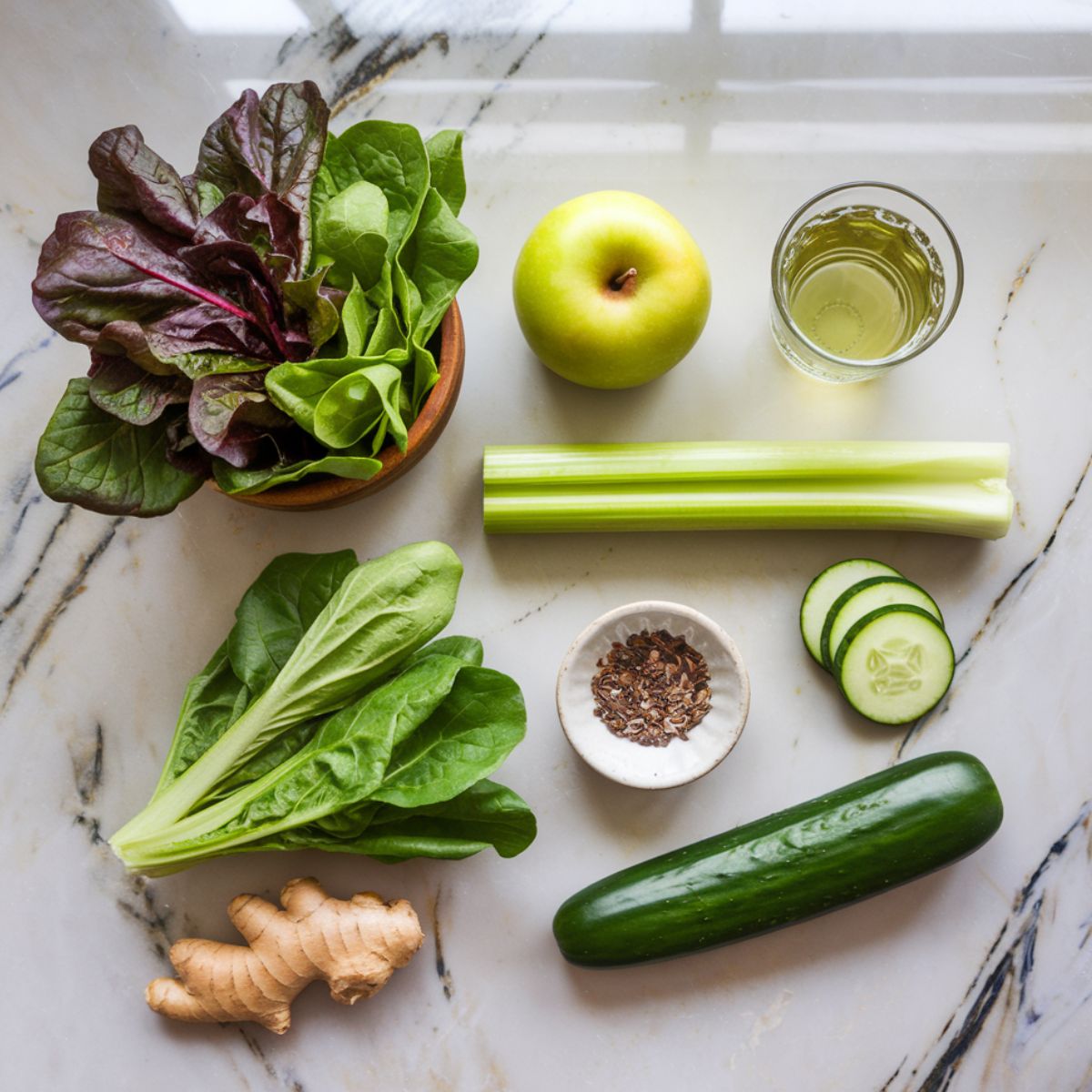 Green smoothie ingredients on a marble countertop: mixed greens (spinach and romaine), green apple, celery stalk, sliced cucumber, flax seeds, ginger root, and a cup of green tea.