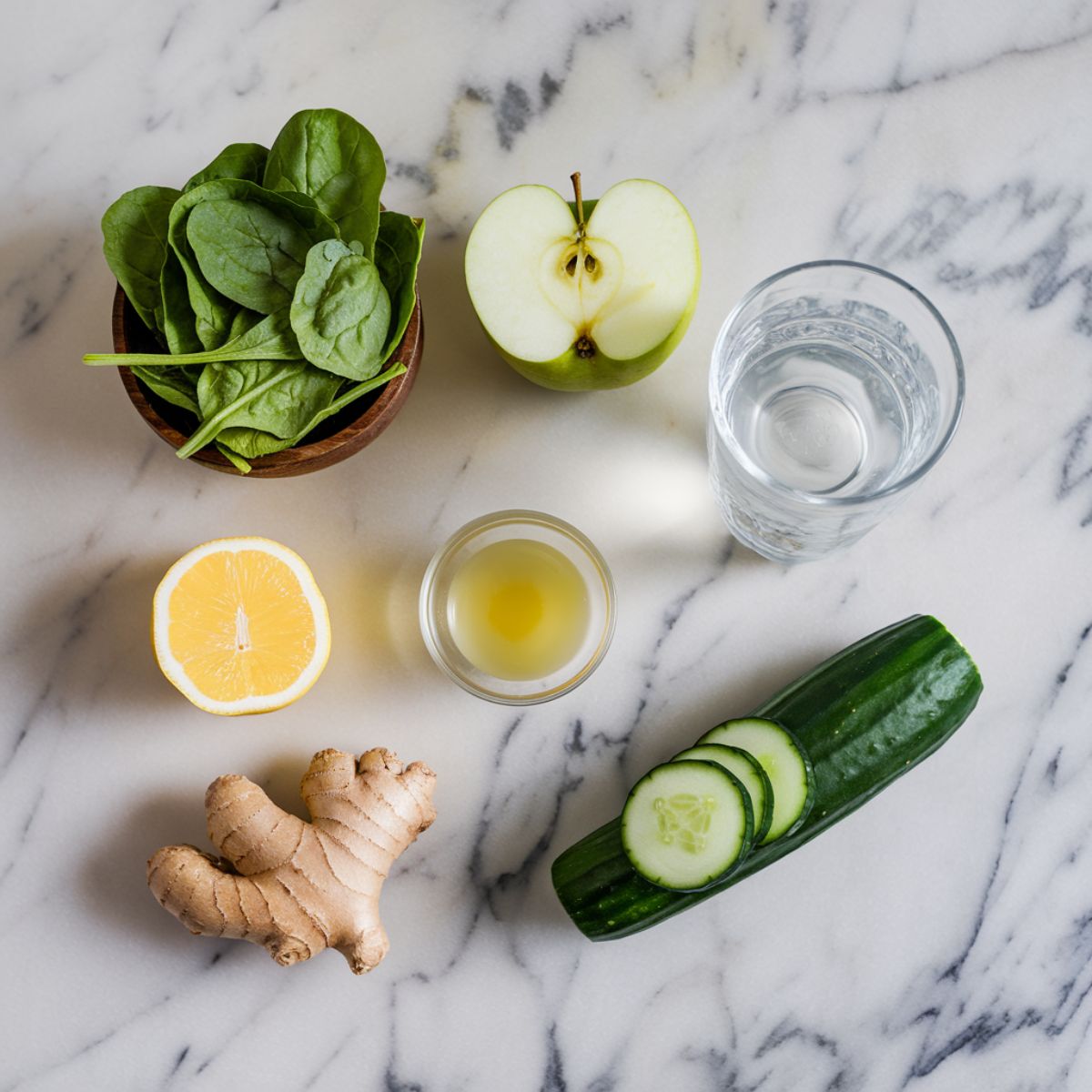 Green smoothie ingredients on a marble countertop: spinach, sliced green apple, peeled lemon, ginger root, apple cider vinegar, coconut water, and sliced cucumber.