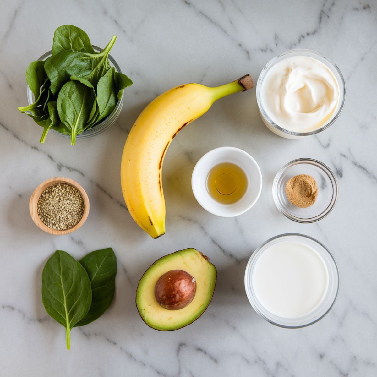 Green smoothie ingredients on a marble countertop: baby spinach, frozen banana, Greek yogurt, honey, hemp seeds, almond milk, and avocado.