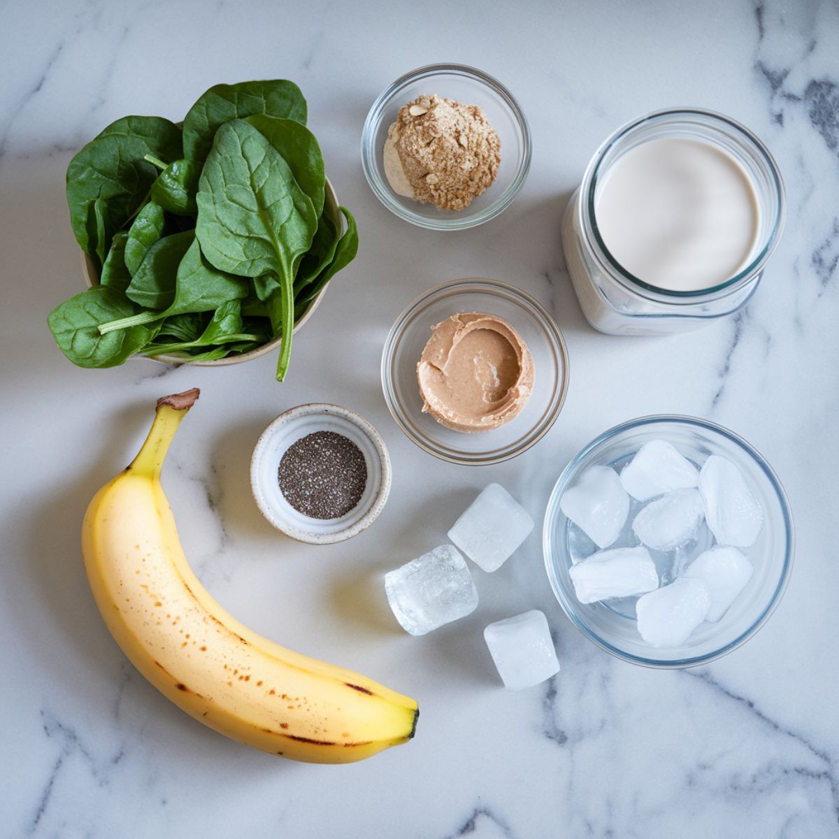 Green smoothie ingredients on a marble countertop: spinach, frozen banana, protein powder, almond butter, almond milk, chia seeds, and ice cubes.