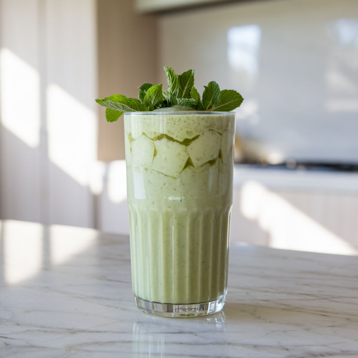 A glass of green smoothie served over ice, garnished with mint leaves.