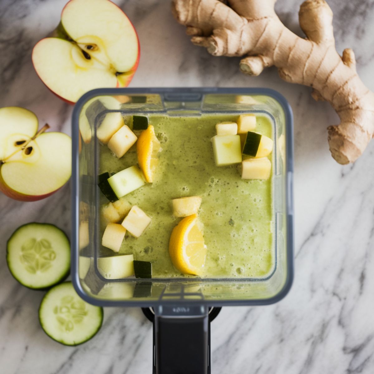 Blender containing spinach mixture with added chopped apple, lemon, ginger, and cucumber, blending into a smooth texture.