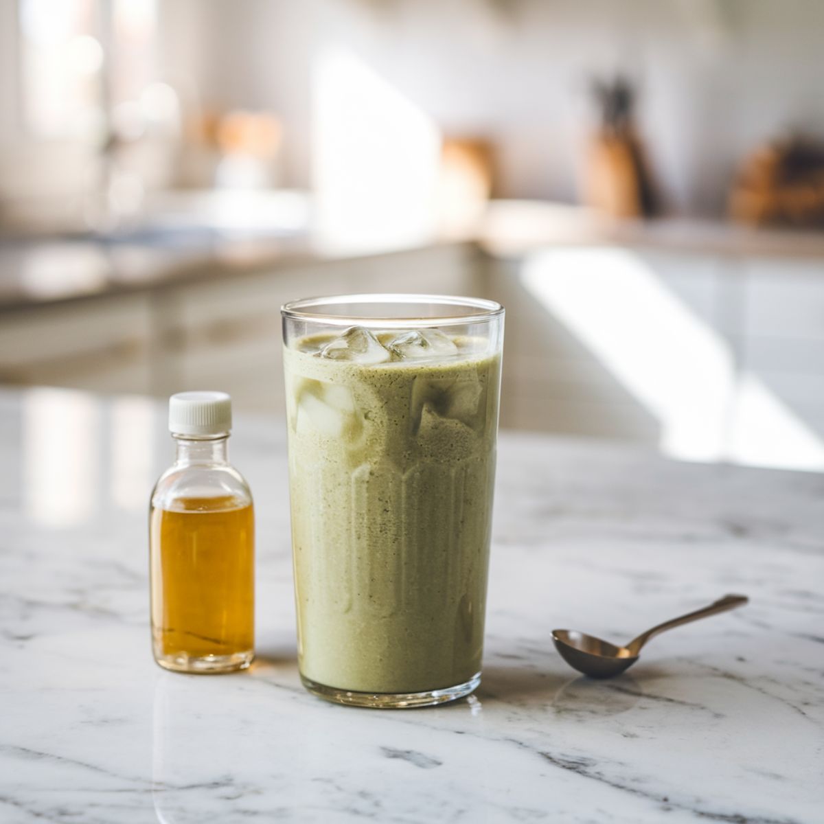 Tall glass of freshly blended green smoothie with ice cubes on a countertop with a small bottle of apple cider vinegar .