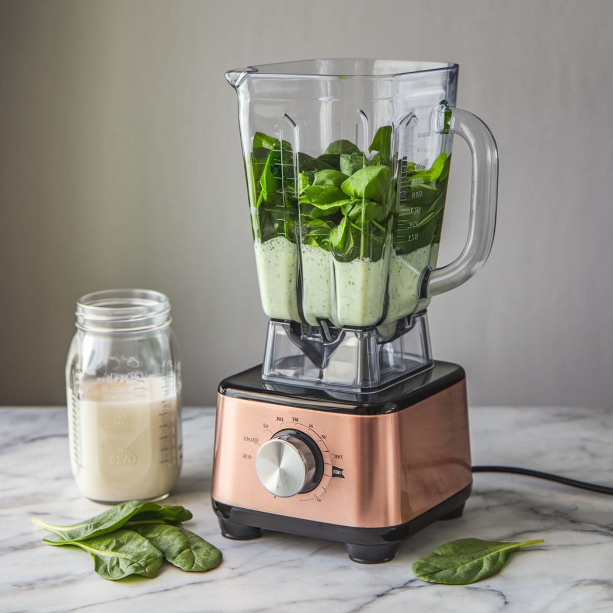 Spinach leaves and almond milk blended into a smooth mixture in a glass blender on a marble counter.